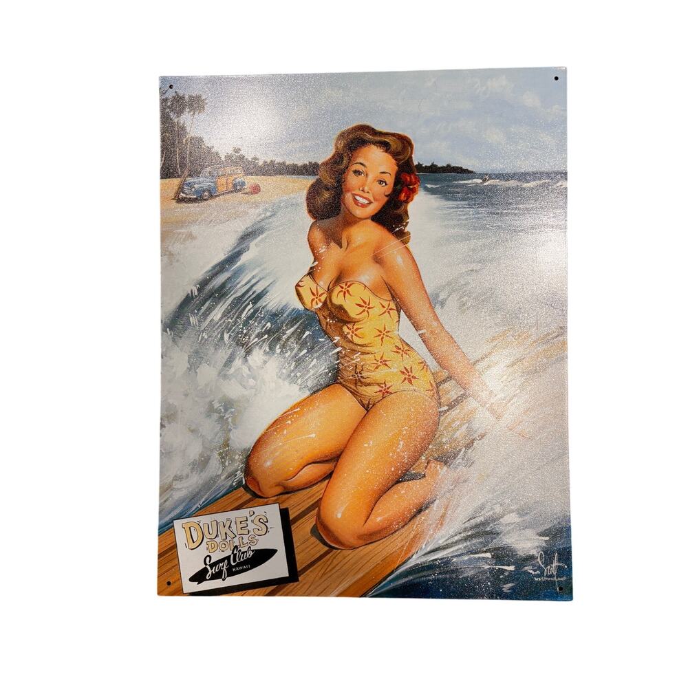 Duke's Dolls Surf Club Hawaii metal wall sign featuring pin-up girl
